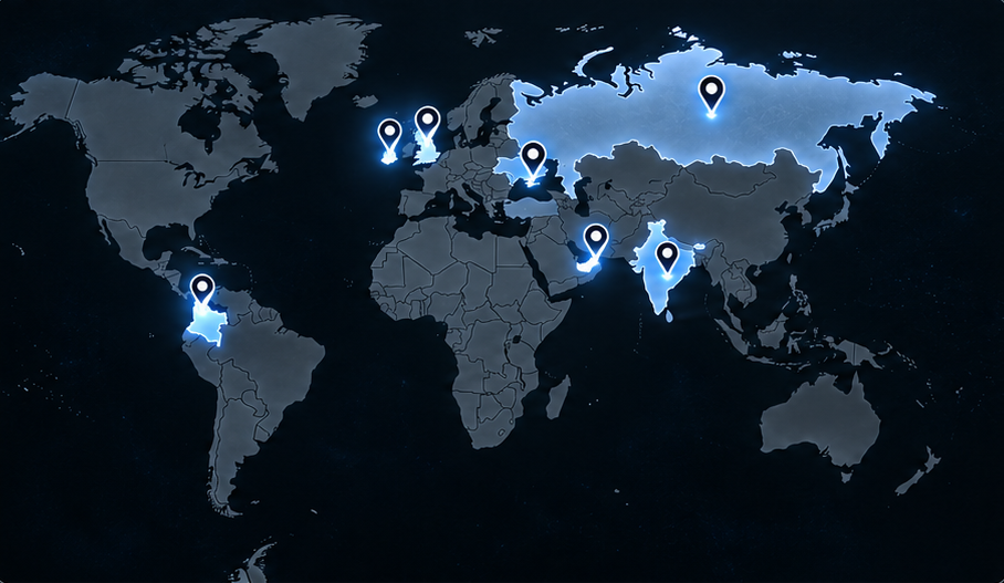 Mapa mundial con presencia de Grupoinves en Colombia, Emiratos Árabes Unidos, India, Irlanda, Reino Unido, Rusia y Ucrania