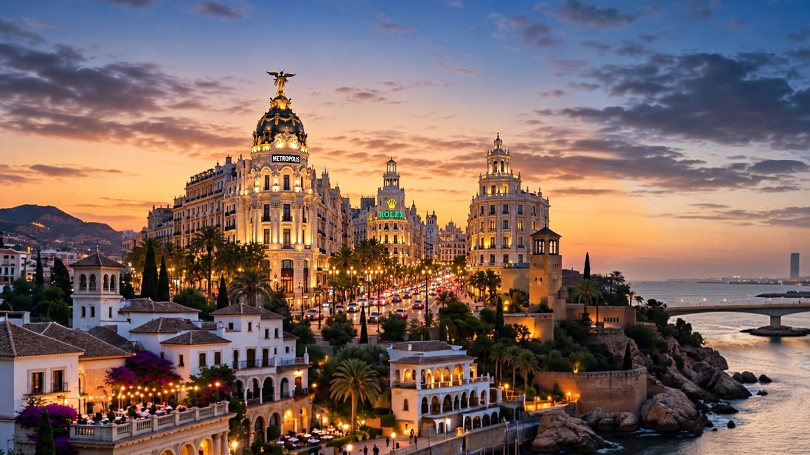 Vista urbana de España al atardecer
